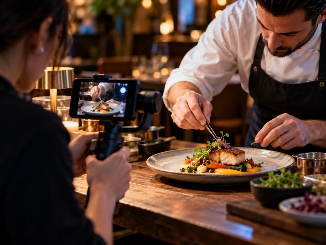 Chef emplatando mientras graban el plato con un móvil para redes sociales