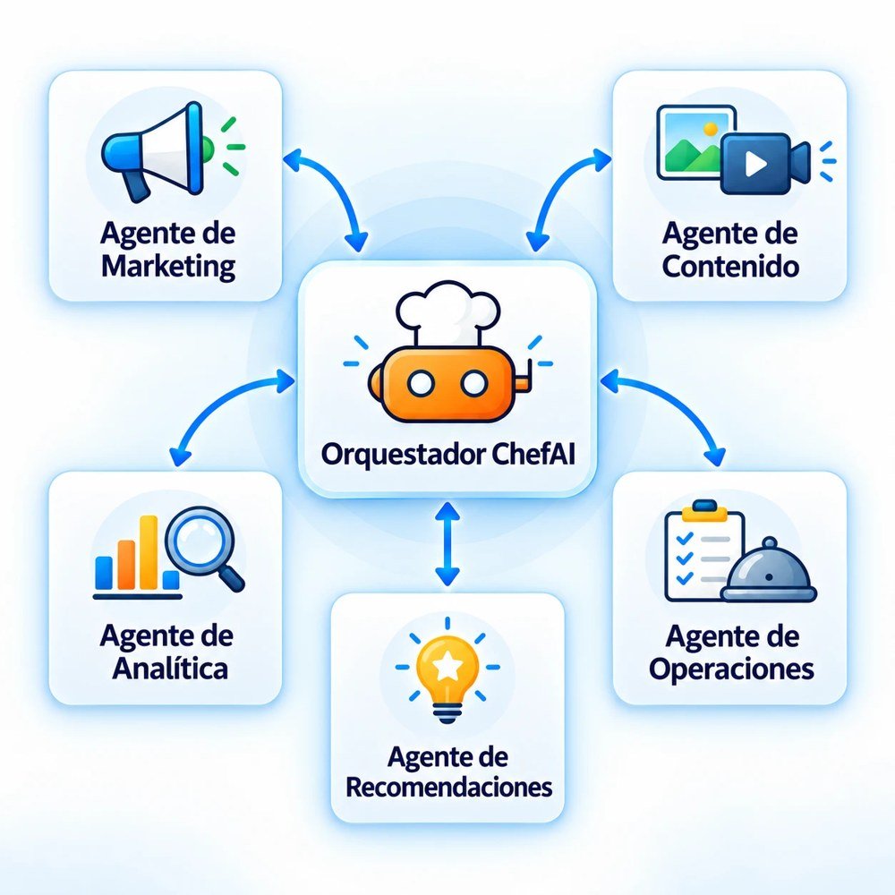 Esquema de ChefAI: el orquestador conectado a los agentes de marketing, contenido, analítica, recomendaciones y operaciones