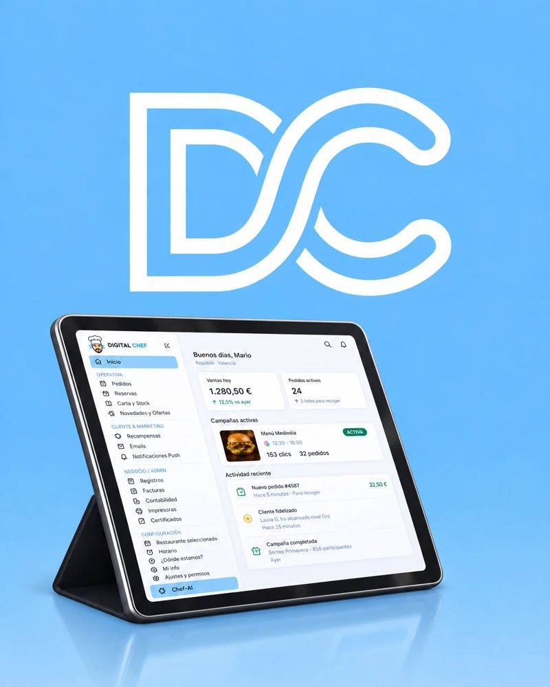 Monograma DC sobre una tablet con el panel de Digital Chef
